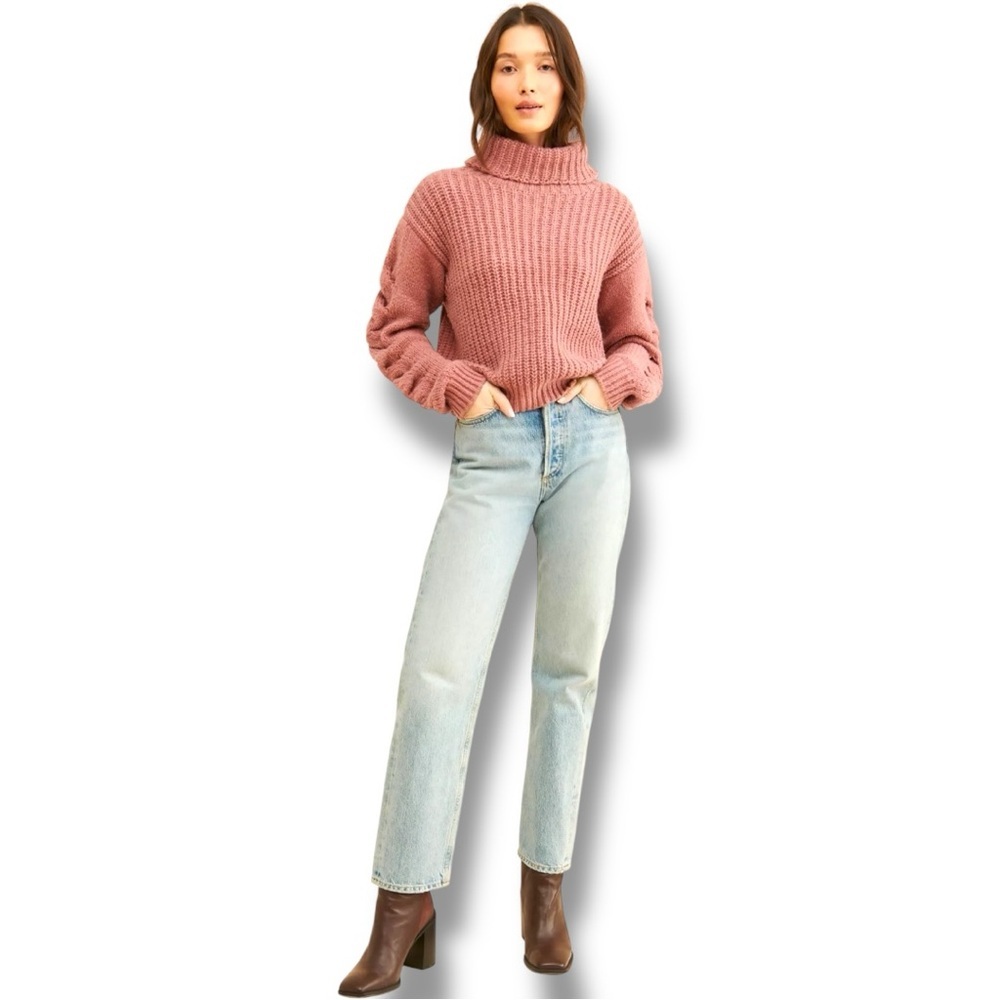 Vigoss Cozy Dusty Rose Rollover Knit Braided Sleeve Detail Turtleneck Sweater - Picture 4 of 16